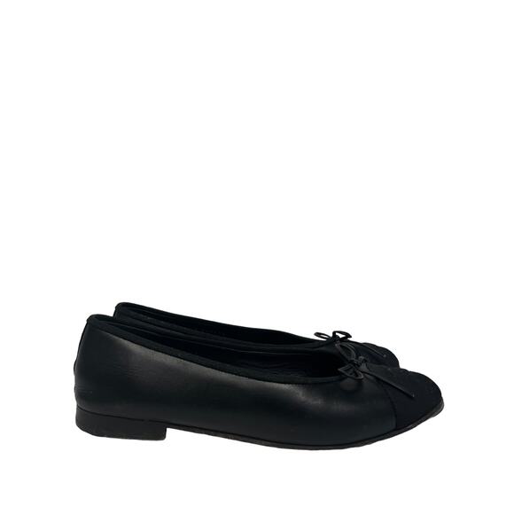CHANEL Black Leather Grosgrain Cap Toe CC Logo Bow Ballet Flats Size 37.5 US 7.5 - Picture 6 of 11